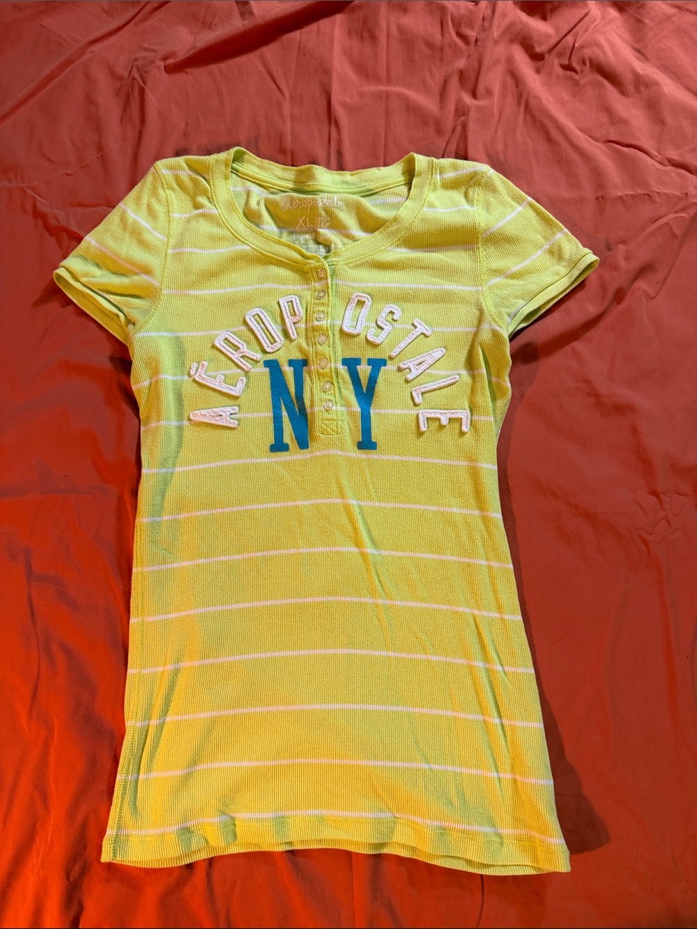 Aeropostale Green and White Striped Ribbed Tee
